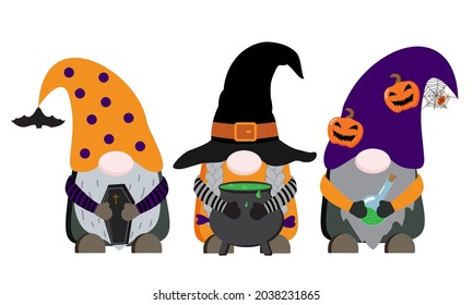 Halloween vector illustration with gnomes holding coffin, cauldron, poison bottle. Isolated on white background. Perfect for sublimation design, prints, posters.