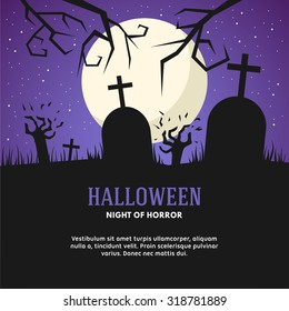 Halloween Vector Illustration with Grave, Zombies and the Moon
