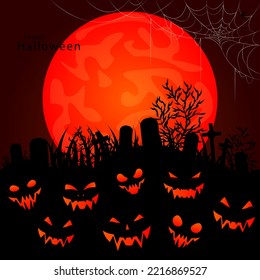 Halloween, vector illustration of graveyard, moon and monsters with glowing red eyes. Happy Halloween post or card