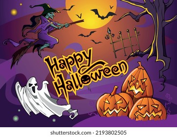 Halloween vector illustration with graveyard, witch on the broom, ghost, bats and pumpkins. Vector.