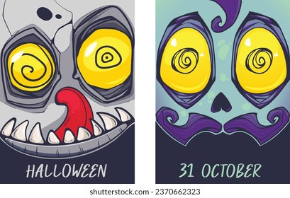 Halloween vector illustration. Gray monster with yellow eyes and space for test or invitation and Mister with space for party address. Illustrations isolated from background.