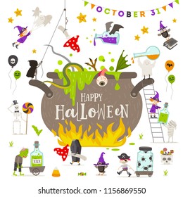 Ilustración vectorial de Halloween. Grupo de personajes activos de Halloween alrededor de una maceta gigante.