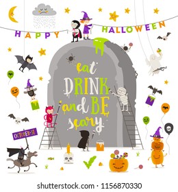 Halloween vector illustration. Group of active halloween characters around a giant tombstone.