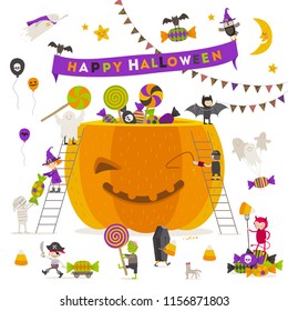 Halloween vector illustration. Group of active halloween characters around a giant pumpkin. 