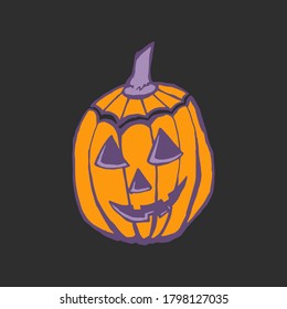 Halloween vector illustration. Hand drawn pumpkin with scary face isolated on black background. Spooky character for banner, poster, invitation or festive decoration
