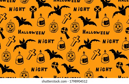 Halloween vector illustration. Hand drawn seamless pattern. Spooky elements for banner, poster, invitation or festive decoration