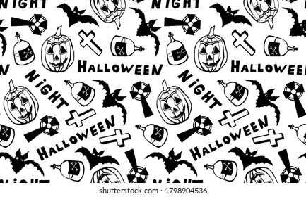 Halloween vector illustration. Hand drawn seamless pattern. Spooky elements for banner, poster, invitation or festive decoration