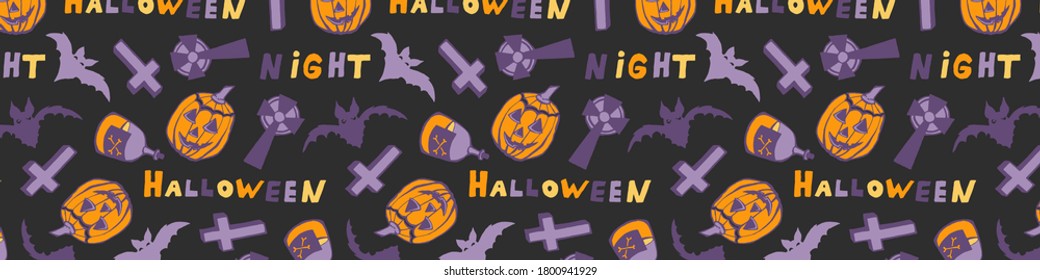 Halloween vector illustration. Hand drawn long pattern. Spooky elements for banner, poster, invitation or festive decoration