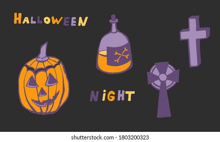 Halloween vector illustration. Hand drawn scary elements isolated on dark background. Spooky character for banner, poster, invitation or festive decoration