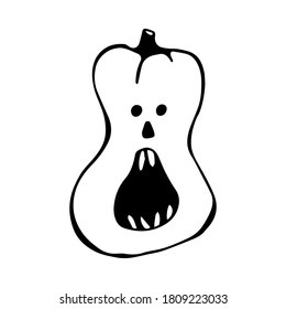 Halloween vector illustration. Hand drawn pumpkin with scary face isolated on white background. Doodle style. Spooky character for banner, poster, invitation or festive decoration, design.