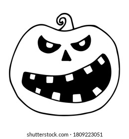 Halloween vector illustration. Hand drawn pumpkin with scary face isolated on white background. Doodle style. Spooky character for banner, poster, invitation or festive decoration, design.