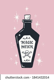 Halloween Vector Illustration with Hand Drawn Bottle and Handwritten Magic Potion Label with Scull and Croos-bones. Isolated on a Pink Background. Ideal for Posters and Cards or Room Decoration.