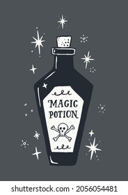 Halloween Vector Illustration with Hand Drawn Bottle and Handwritten Magic Potion Label with Scull and Croos-bones. Isolated on a Dark Background. Ideal for Posters and Cards or Room Decoration.