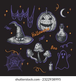 Halloween vector illustration hand drawn. Cartoon collage illustration with pumpkin lantern, ghost, hatfor for seasonal design, print, template, poster, decoration, greeting card, festive background