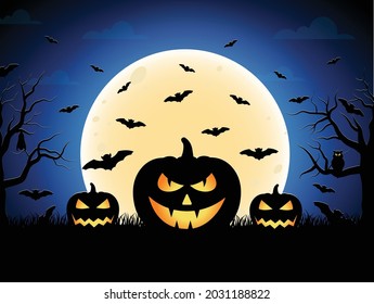 Halloween vector illustration. Happy Halloween banner background with bats, moon, cemetery and pumpkins. Creepy night background.