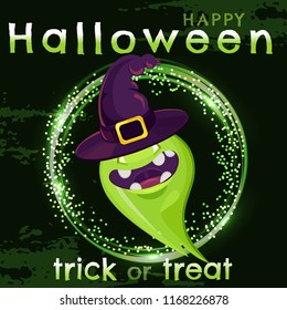 Halloween vector illustration with happy ghost. Bokeh background. Can use for party invitation, greeting card, banner, web, kids zone.