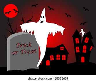 A halloween vector illustration with a happy ghost in front of a haunted house