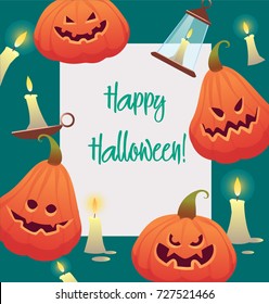 Halloween vector illustration. Happy Halloween Poster. Background with pumpkin, candles. Place for your text. Vector frame. Creative design for invitation and party. Banners Typographic Template.