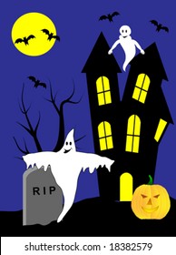 A halloween vector illustration with a haunted house and ghosts