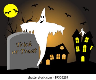 A halloween vector illustration with a haunted house and ghosts and Trick or treat on the grave stone