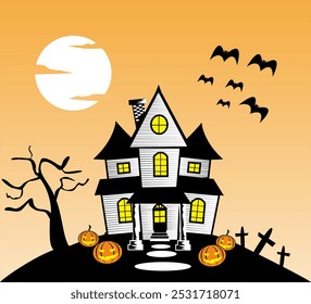 halloween vector illustration haunted house, scary house graveyard and bats