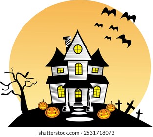 halloween vector illustration haunted house, scary house graveyard and bats