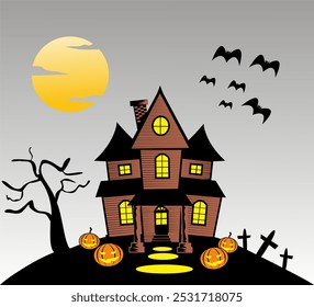 halloween vector illustration haunted house, scary house graveyard and bats