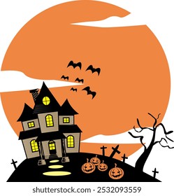 Ilustración vectorial de Halloween de casa encantada, murciélagos y calabazas. casa y cementerio espeluznantes