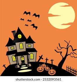 Ilustración vectorial de Halloween de casa encantada, murciélagos y calabazas. casa y cementerio espeluznantes