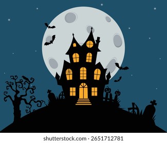 Halloween vector illustration. Haunted house under full moon with trees and graveyard for Halloween night. Perfect for party invitations, social media, festive event promotions.