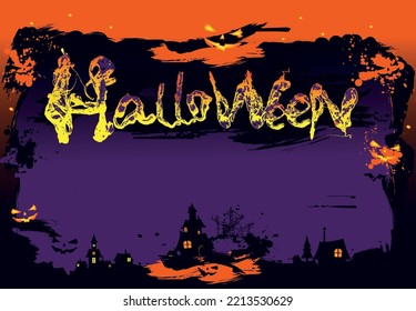 Ilustración vectorial de Halloween. Banner horizontal con la inscripción. La inscripción en el fondo nocturno. Marco, naranja volante y morado con caras fantasmas, fabulosa ciudad nocturna, telaraña y emot