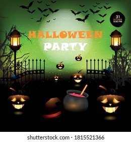 Halloween vector illustration with horror background with horror pumpkin and lights with invitation to zombie party