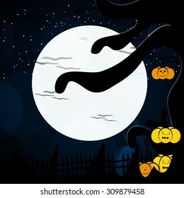 Halloween vector illustration. Horror moon and pumpkin black background.