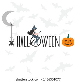 Halloween vector illustration with inscription Halloween, witch, hat, bats, pumpkin, broomstick, spider, month. Design for party card, wrapping, fabric, print.