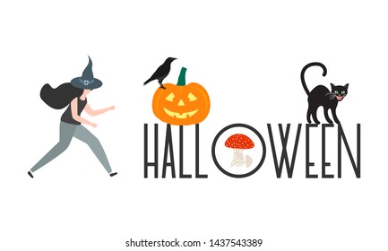 Halloween vector illustration with inscription Halloween, witch, hat, pumpkin, mushroom, raven, cat. Design for party card, wrapping, fabric, print.