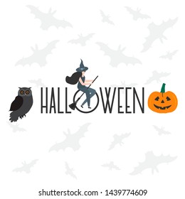 Halloween vector illustration with inscription Halloween, witch, hat, bats, pumpkin, broomstick, owl. Design for party card, wrapping, fabric, print.
