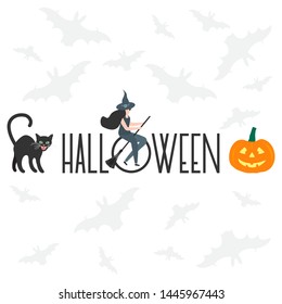 Halloween vector illustration with inscription Halloween, witch, hat, bats, pumpkin, broomstick, cat. Design for party card, wrapping, fabric, print.