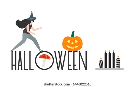 Halloween vector illustration with inscription Halloween, witch, hat, pumpkin, mushroom, candles. Design for party card, wrapping, fabric, print.