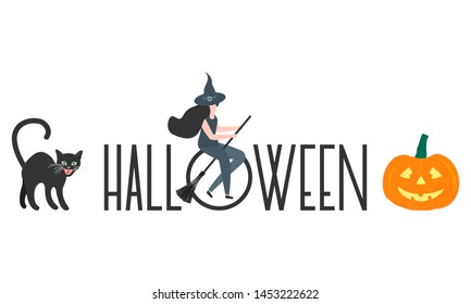 Halloween vector illustration with inscription Halloween, witch, hat, pumpkin, broomstick, cat. Design for party card, wrapping, fabric, print.