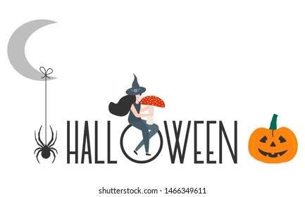 Halloween vector illustration with inscription Halloween, witch, hat, pumpkin, mushroom, spider, month. Design for party card, wrapping, fabric, print.
