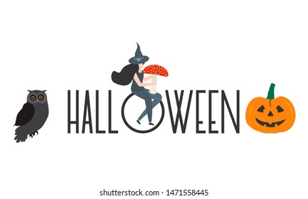 Halloween vector illustration with inscription Halloween, witch, hat, pumpkin, mushroom, owl. Design for party card, wrapping, fabric, print.