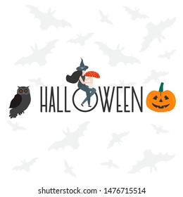 Halloween vector illustration with inscription Halloween, witch, hat, bats, pumpkin, mushroom, owl. Design for party card, wrapping, fabric, print.