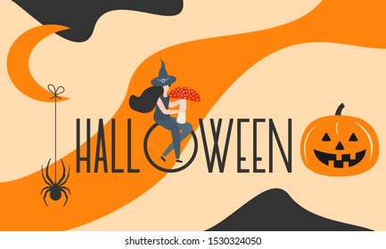 Halloween vector illustration with inscription Halloween, witch, hat, pumpkin, moon, spider. Design for party card, wrapping, fabric, print.