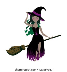 Halloween vector illustration isolated on white background. Cartoon cute witch sitting on broom. Halloween element for card, print, invitation in black, white and purple colors.