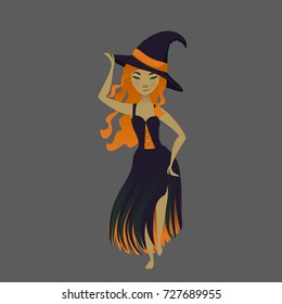 Halloween vector illustration isolated on dark grey background. Cartoon cute redhead witch. Halloween card, print element.