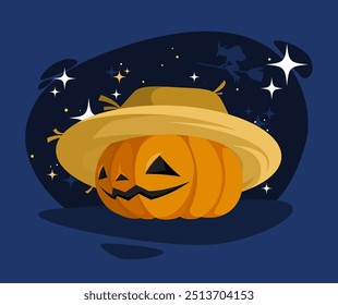 Halloween vector illustration. Jack o Lantern. Big pumpkin with classic carved evil face. Cute bright holiday concept. Traditional celebrating element. Flying witch in night sky. Funny hand drawn art