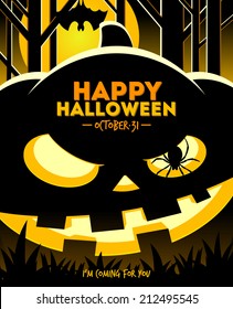 Halloween vector illustration - jack-o-lantern smiling pumpkin in the night forest