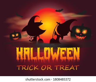 halloween Vector illustration of jumping boy and girl with broom in witch clothes, scary pumpkin in front of full moon and clouds with bats, spooky halloween poster.