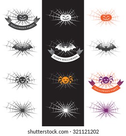 Halloween vector illustration with Halloween logo elements with pumpkin, spider, bat against the background of the spiderweb.