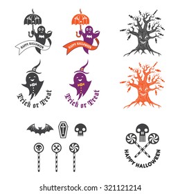 Halloween vector illustration with Halloween logo elements with pumpkin, ghost, bat, magic tree and candies.